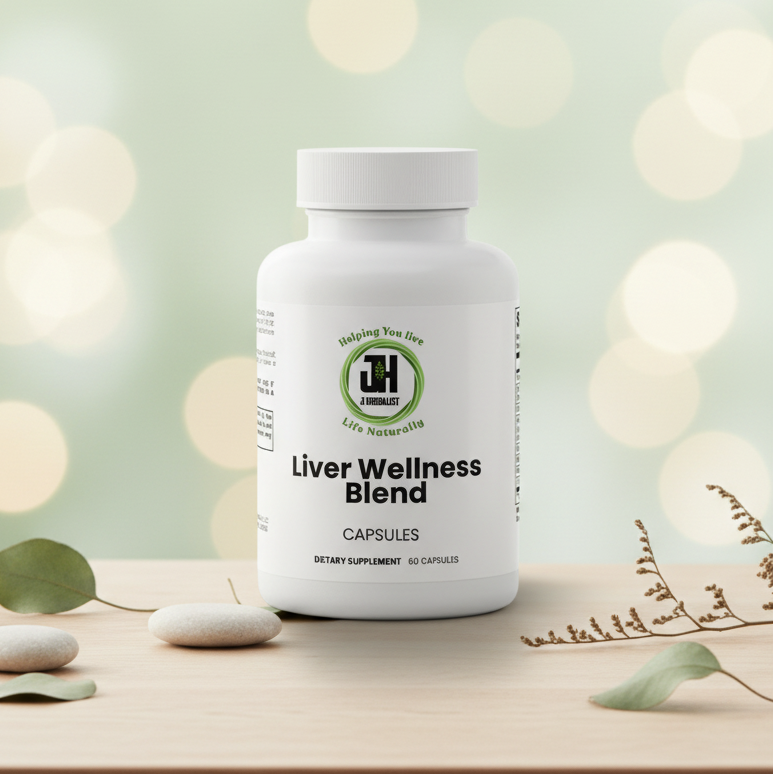 Liver Wellness Blend product image on the natural wood tabletop background